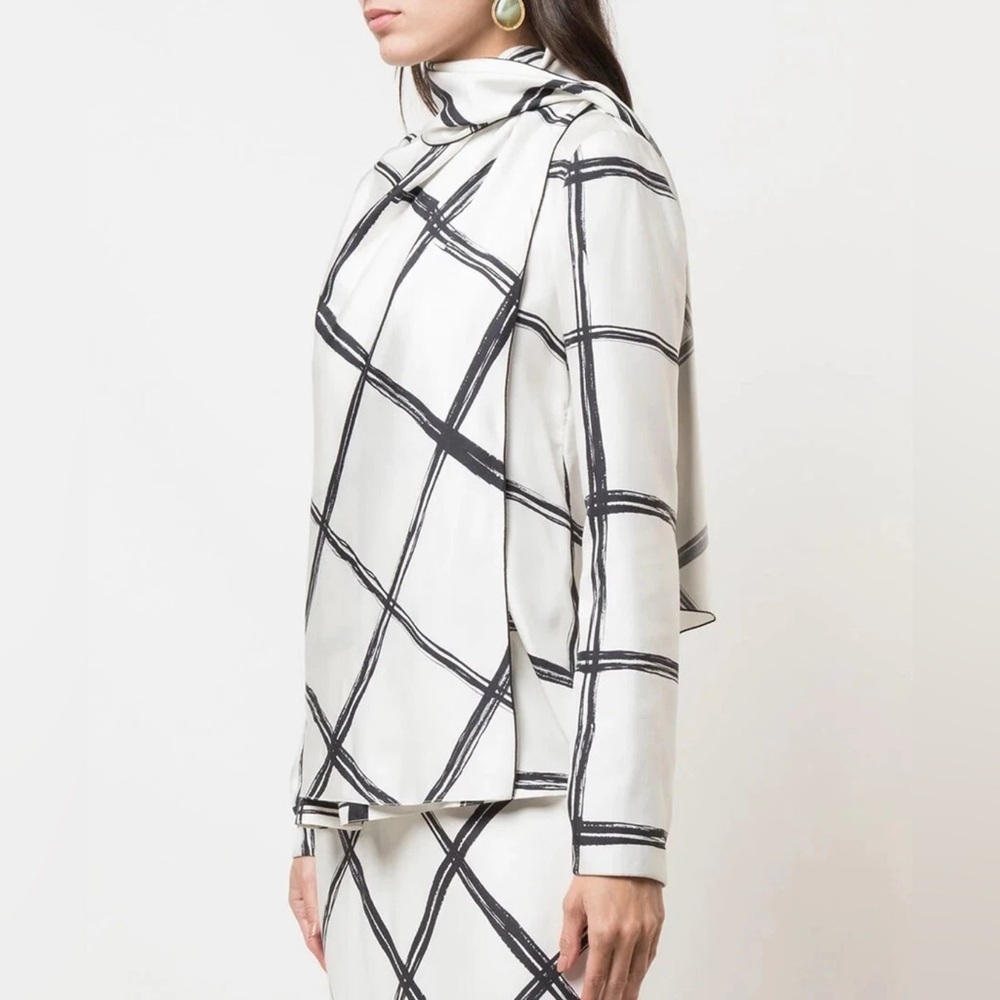 Jason Wu Collection Windowpane Printed 100% Silk Scarf Neck Blouse Ivory Black 8
